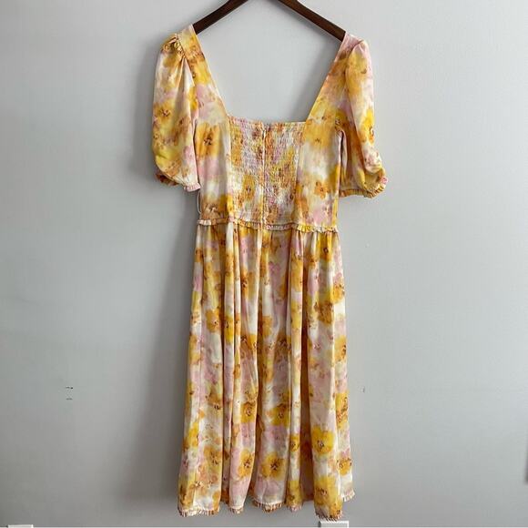 For Love & Lemons | Womens Zinna Midi Dress Lemonade Yellow Floral Smocked Small - Picture 7 of 12